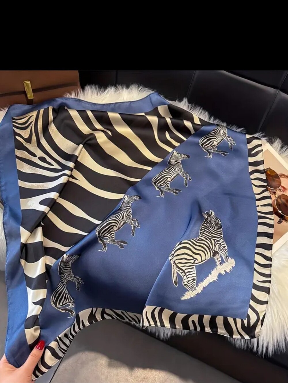 Luxury Zebra Jungle Print Silk-Feel Scarf  in Royal Blue and White New